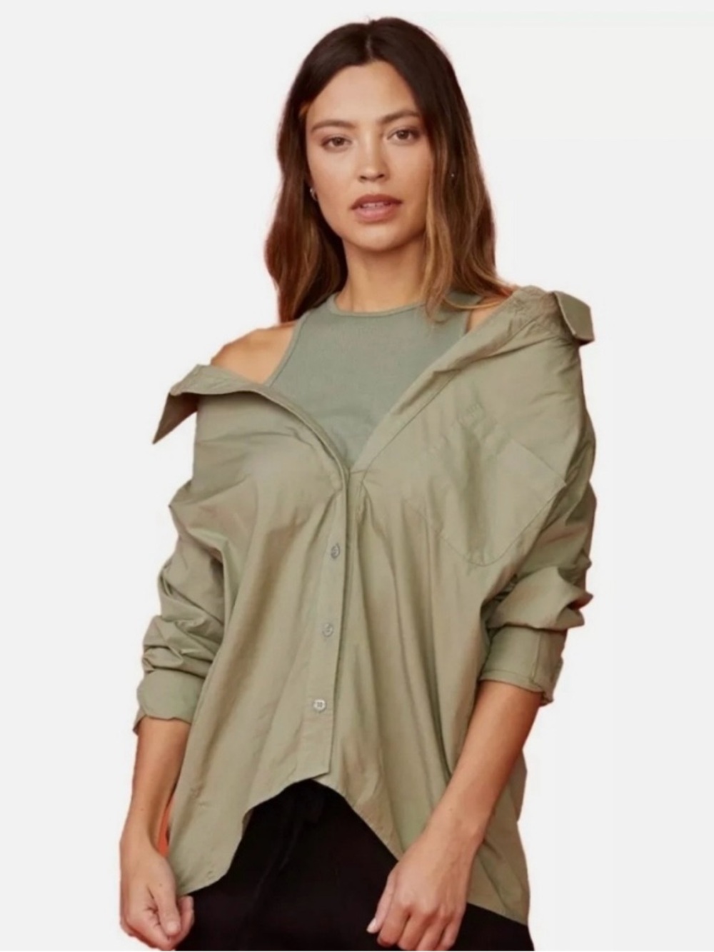 Monrow Poplin Olive Green Off-Shoulder Button Front Shirt